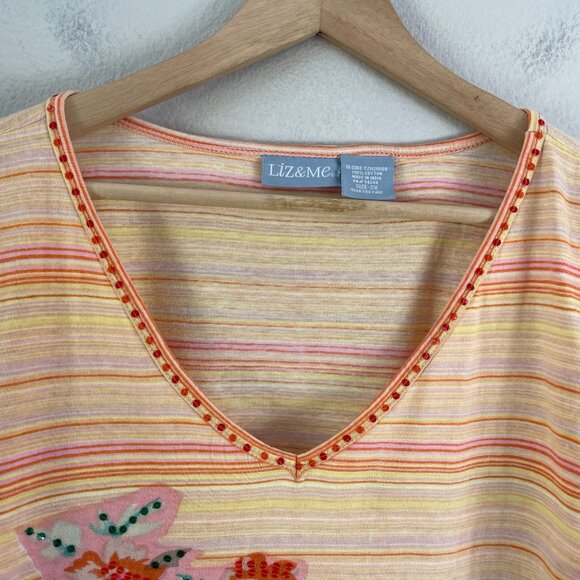 Liz & Me Womens Plus 2X Striped Floral Cotton V Neck Top 3/4 Sleeve Shirt - Picture 6 of 10